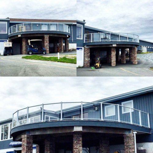 three images of a glass railing on a home patio